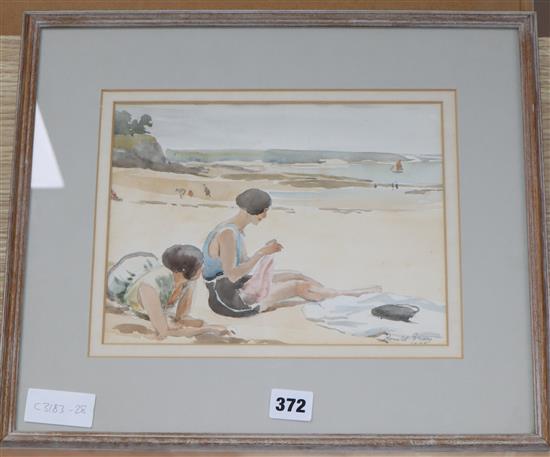 Ronald Gray (1868-1951), watercolour and pencil, Two girls sitting on a beach, signed, 19 x 26cm